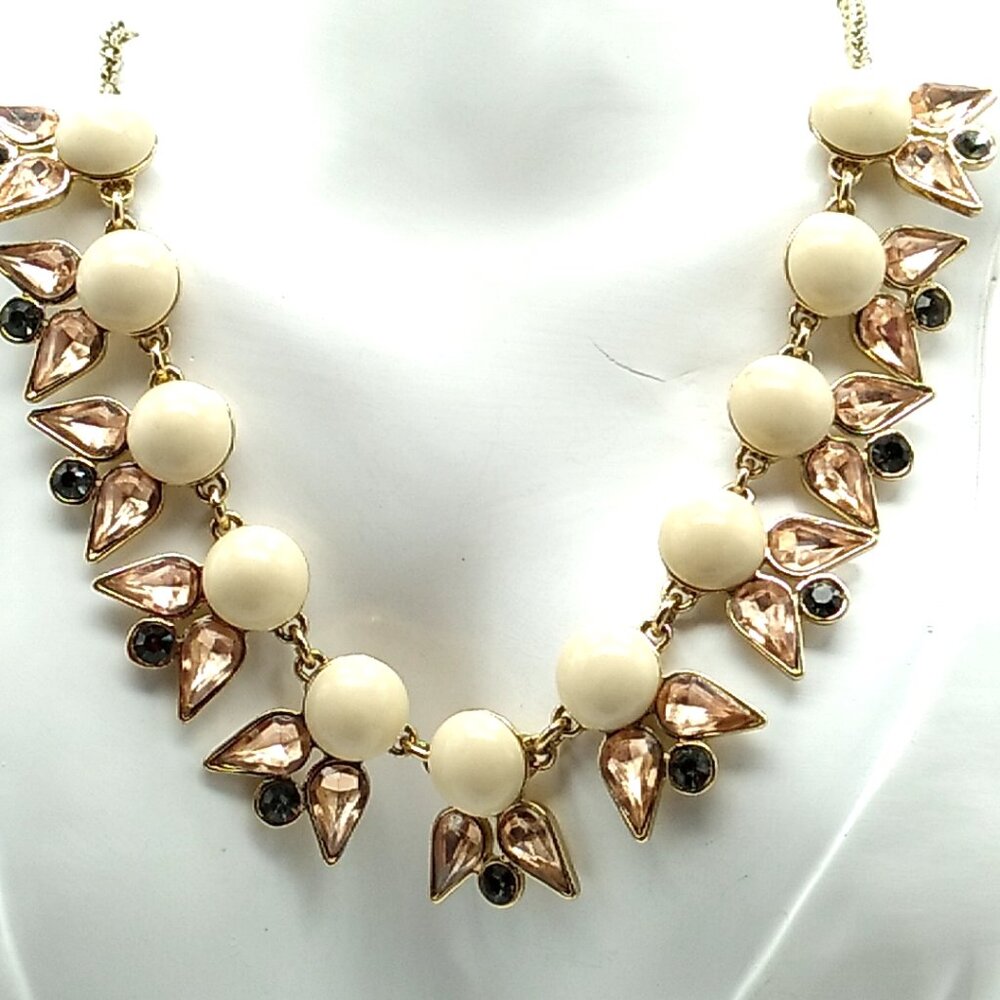 J CREW Necklace Cream Resin Peach & Gray Rhinestone Crystal Gold-tone Chain